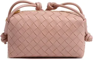 E&M's Woven Crossbody Camera Bag, Small Leather Purse with Adjustable Strap, Cofee color