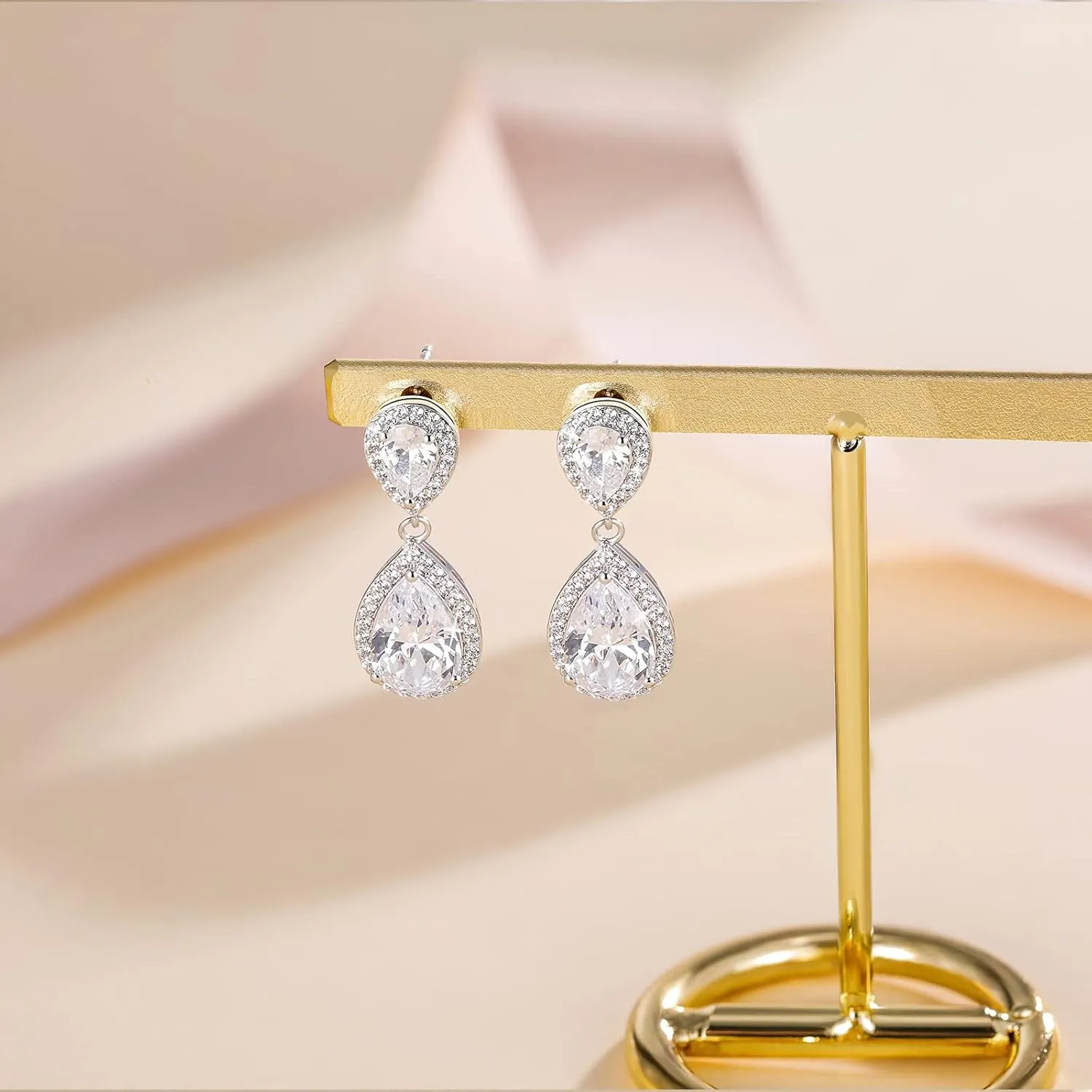 EAMTI Silver Dangle Earrings for Women Cubic Zirconia Teardrop 925 Sterling Silver Post Rhinestone Bridal Wedding Earring
