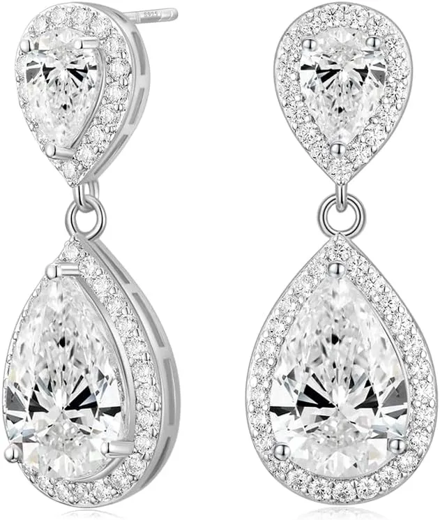 EAMTI Silver Dangle Earrings for Women Cubic Zirconia Teardrop 925 Sterling Silver Post Rhinestone Bridal Wedding Earring