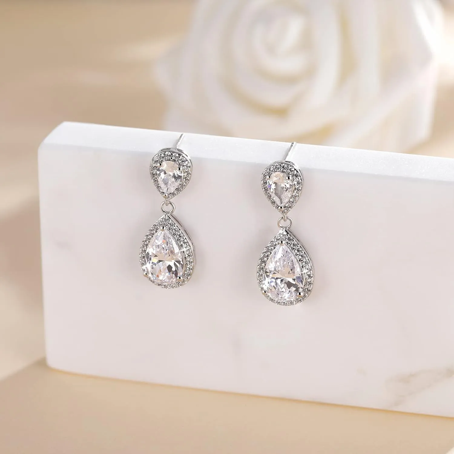 EAMTI Silver Dangle Earrings for Women Cubic Zirconia Teardrop 925 Sterling Silver Post Rhinestone Bridal Wedding Earring