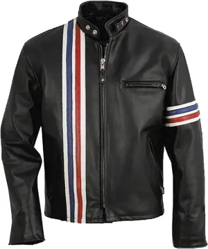 Easy Rider Mens Black Stipe style Motorcycle Biker Genuine Leather Movie Fashion Jacket
