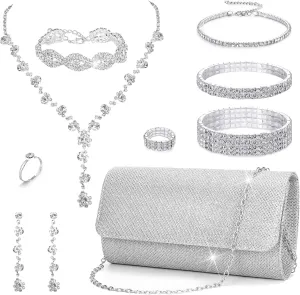 EIELO Purse Rhinestone Bridal Jewelry Sets for Women Clutch Purse Necklace Earrings Bracelet Jewelry Sets for Wedding Bridal Bridesmaid Gifts Evening Party Prom Jewelry Set