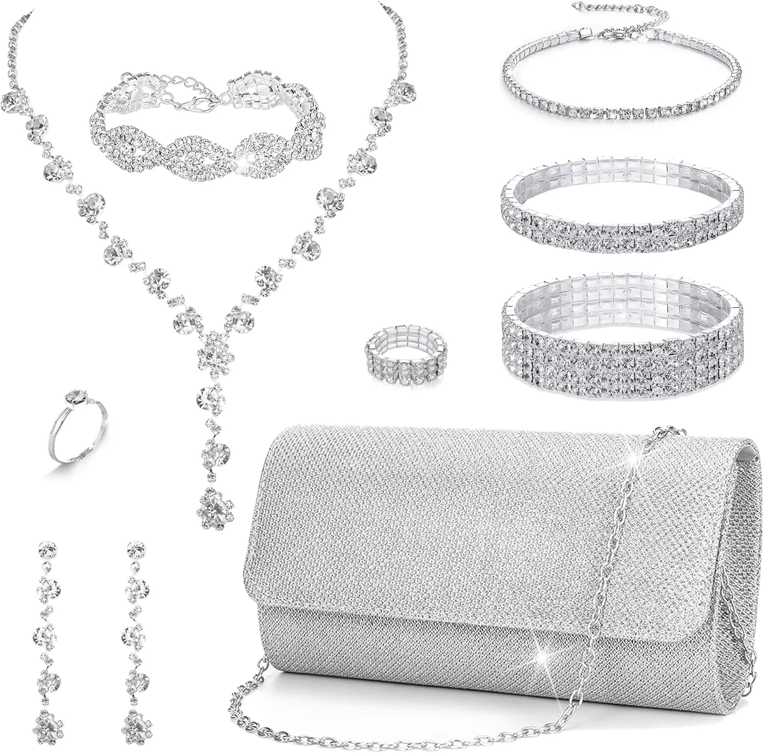 EIELO Purse Rhinestone Bridal Jewelry Sets for Women Clutch Purse Necklace Earrings Bracelet Jewelry Sets for Wedding Bridal Bridesmaid Gifts Evening Party Prom Jewelry Set
