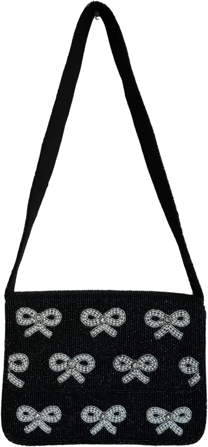 Elegant Black Beaded Shoulder Bag with Bow Accents, Chic Formal & Casual Occasions, Lightweight & Durable (Bow Elegance)