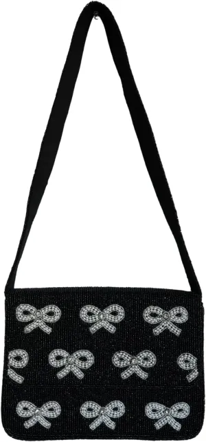 Elegant Black Beaded Shoulder Bag with Bow Accents, Chic Formal & Casual Occasions, Lightweight & Durable (Bow Elegance)