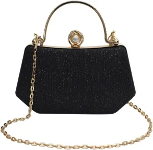 Elegant Clutch Handbag with Pearl Ornament and Detachable Chain Strap, 4.7H x 7.9W x 2.4D inches