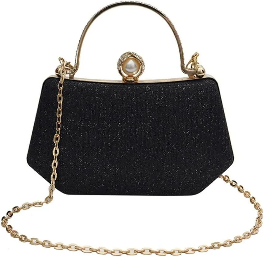 Elegant Clutch Handbag with Pearl Ornament and Detachable Chain Strap, 4.7H x 7.9W x 2.4D inches