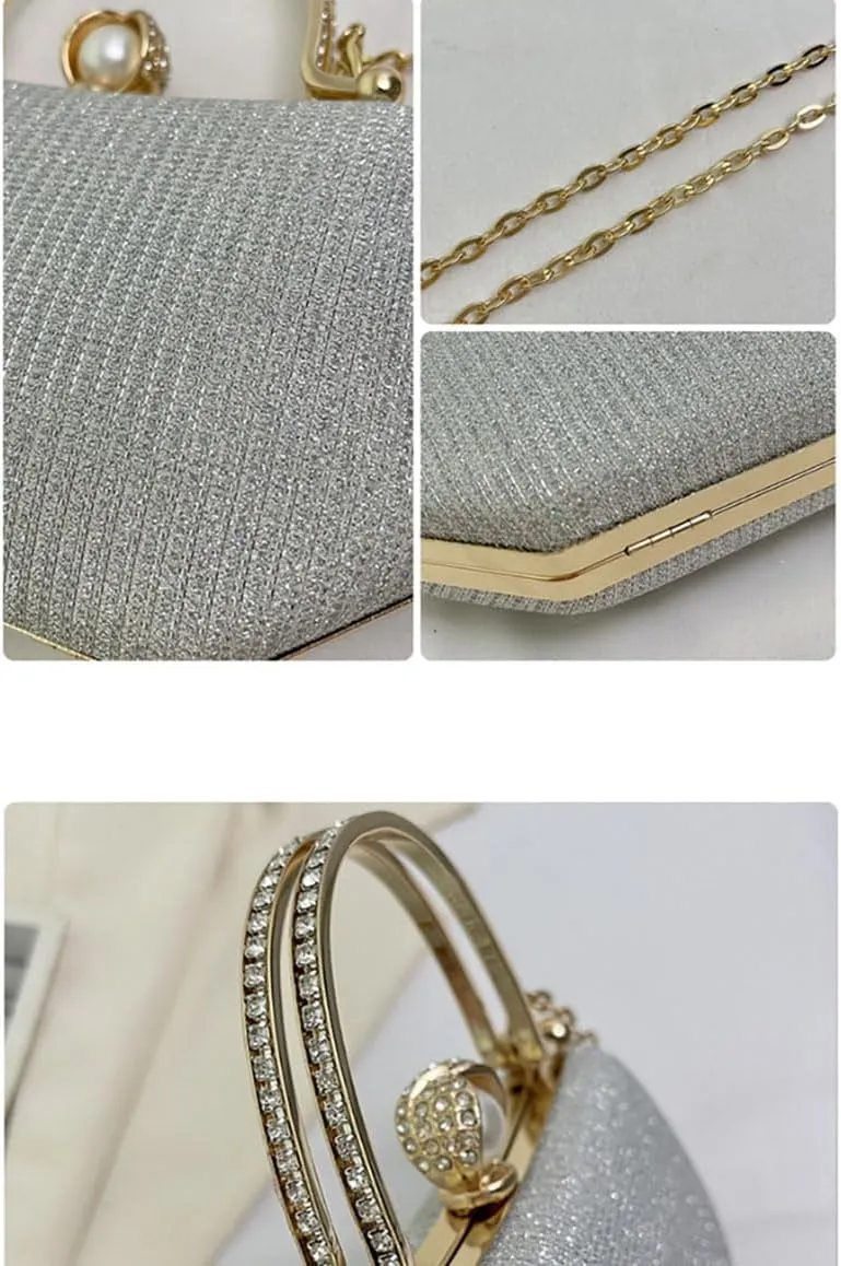 Elegant Clutch Handbag with Pearl Ornament and Detachable Chain Strap, 4.7H x 7.9W x 2.4D inches