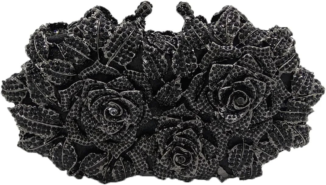 Elegant Women Rose Flower Rhinestone Clutch Handbag Crystal Evening Bag Chain Purse for Wedding Party Cocktail