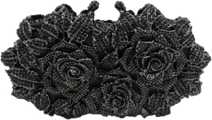 Elegant Women Rose Flower Rhinestone Clutch Handbag Crystal Evening Bag Chain Purse for Wedding Party Cocktail