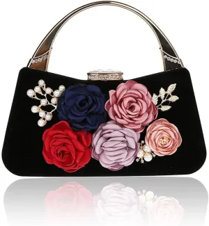 ELEOPTION® Women's Flower Evening Bag Clutch Purse Handbag Metal Frame Large Clutch Bag Wedding Hand Bag Carved Handle
