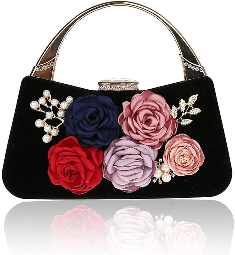ELEOPTION® Women's Flower Evening Bag Clutch Purse Handbag Metal Frame Large Clutch Bag Wedding Hand Bag Carved Handle