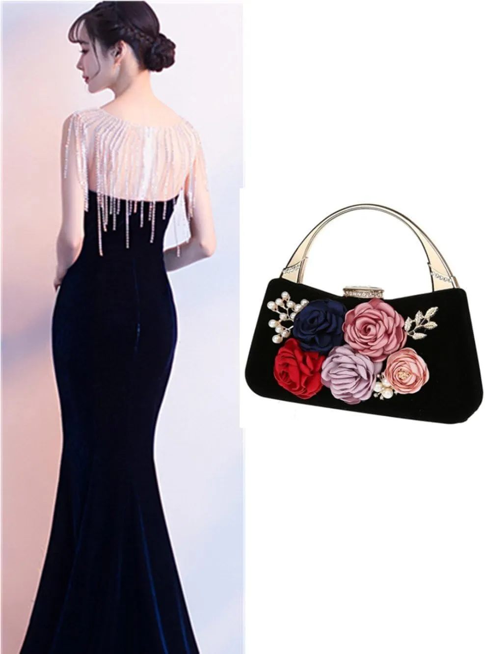 ELEOPTION® Women's Flower Evening Bag Clutch Purse Handbag Metal Frame Large Clutch Bag Wedding Hand Bag Carved Handle