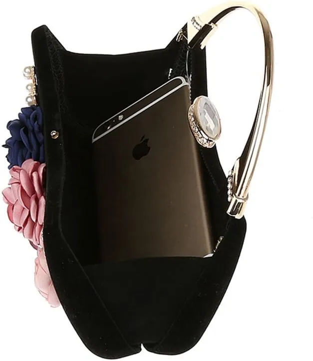 ELEOPTION® Women's Flower Evening Bag Clutch Purse Handbag Metal Frame Large Clutch Bag Wedding Hand Bag Carved Handle