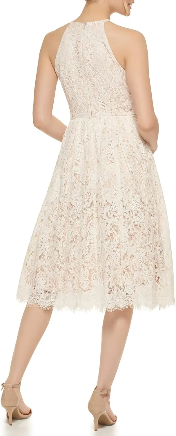 Eliza J Women's Midi Style Fit and Flare Sleeveless Halter Neck Lace Dress