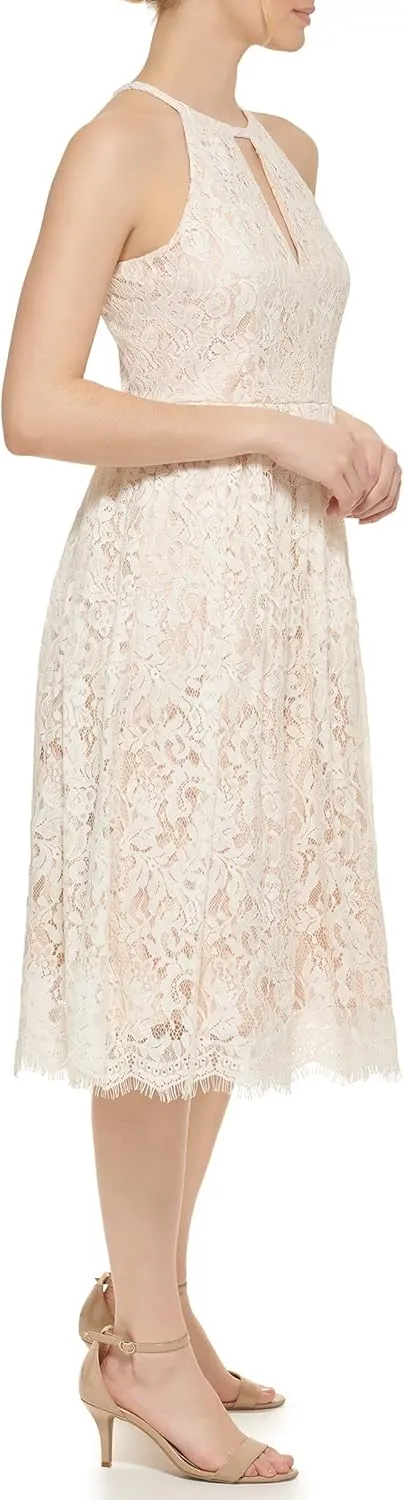 Eliza J Women's Midi Style Fit and Flare Sleeveless Halter Neck Lace Dress