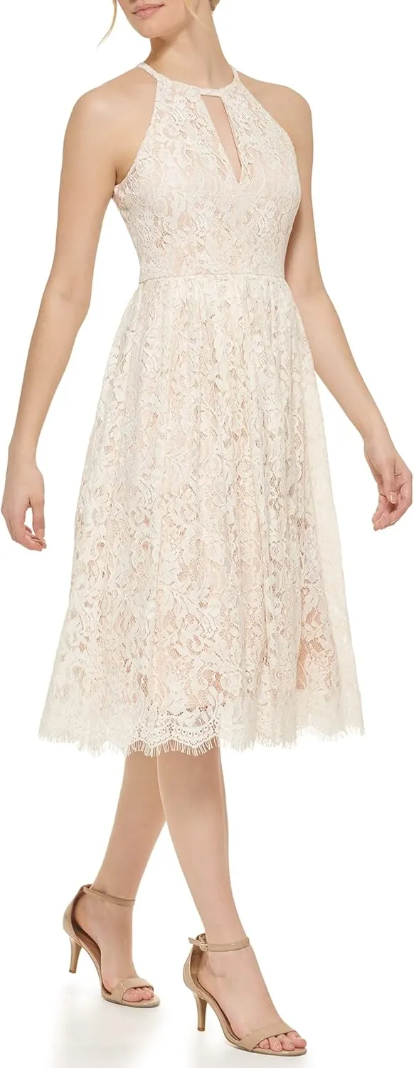Eliza J Women's Midi Style Fit and Flare Sleeveless Halter Neck Lace Dress