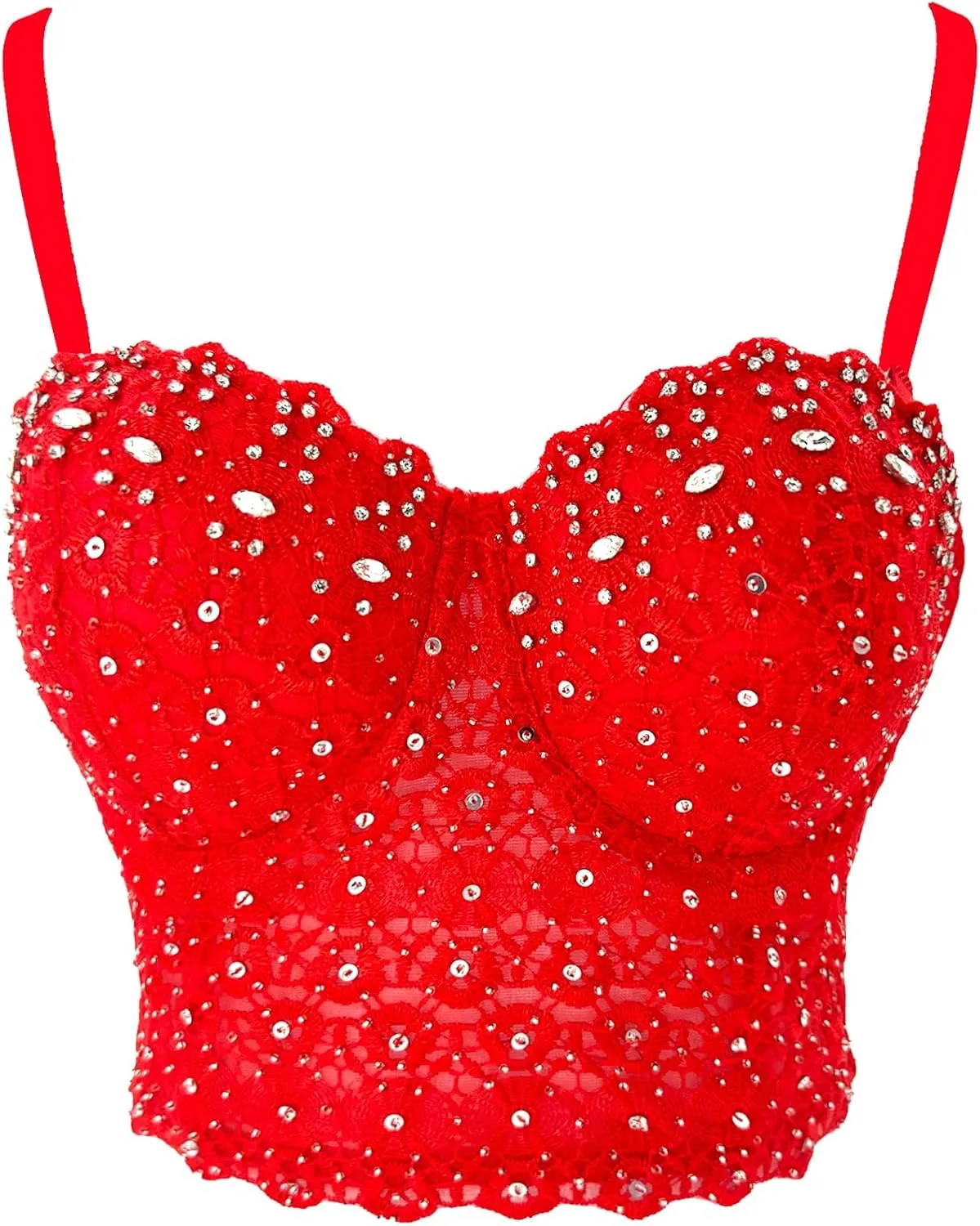 ELLACCI Women's Natural Reigning Lace Rhinestone Bustier Crop Top Sexy Mesh Corset Top Bra Red