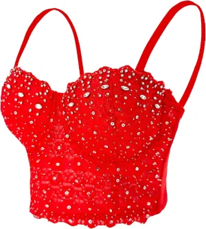 ELLACCI Women's Natural Reigning Lace Rhinestone Bustier Crop Top Sexy Mesh Corset Top Bra Red