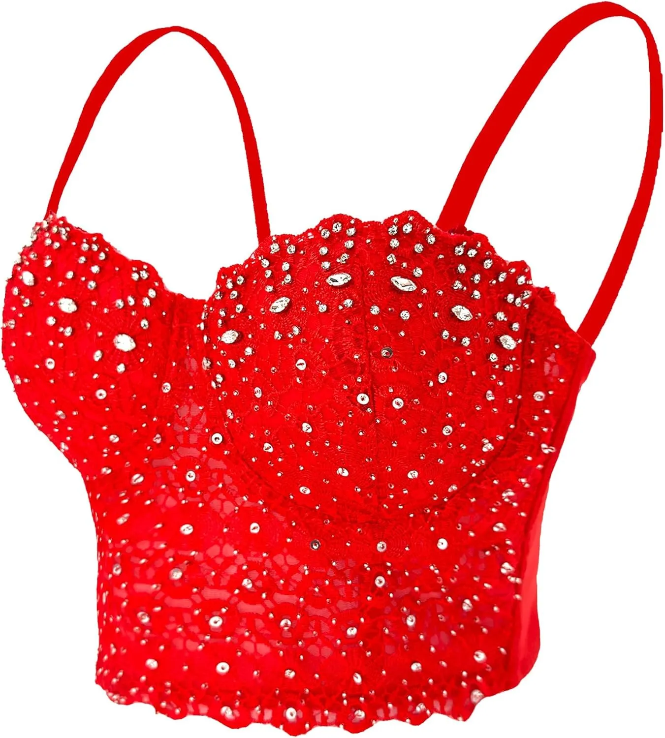 ELLACCI Women's Natural Reigning Lace Rhinestone Bustier Crop Top Sexy Mesh Corset Top Bra Red