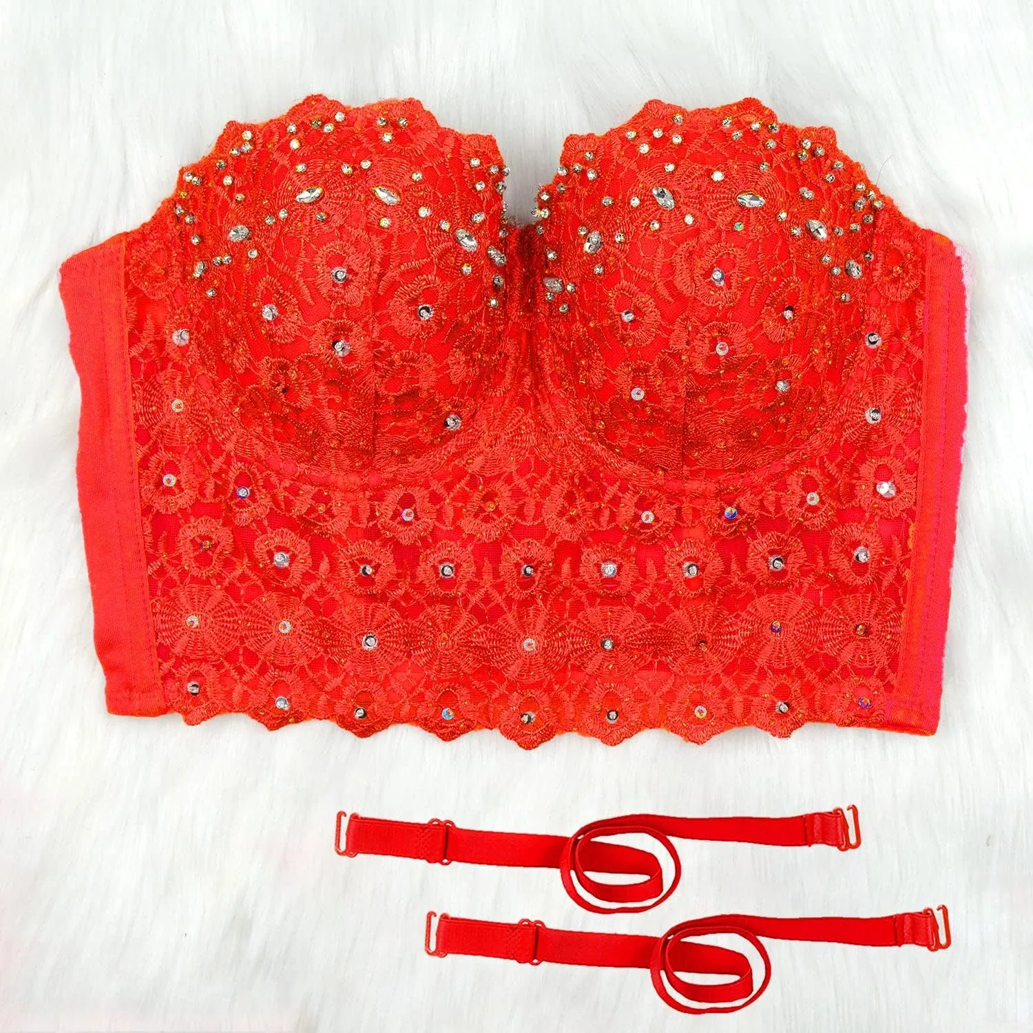 ELLACCI Women's Natural Reigning Lace Rhinestone Bustier Crop Top Sexy Mesh Corset Top Bra Red