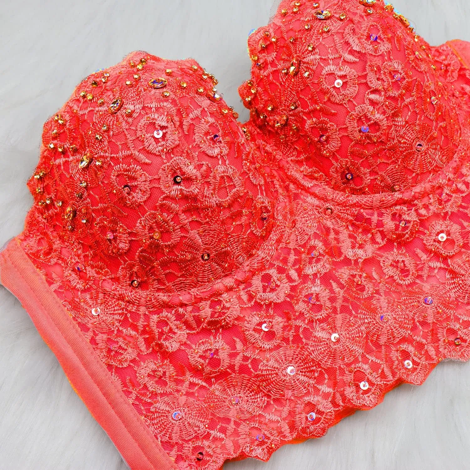 ELLACCI Women's Natural Reigning Lace Rhinestone Bustier Crop Top Sexy Mesh Corset Top Bra Red