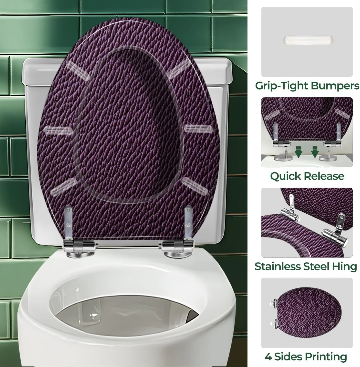 Elongated Toilet Seat Purple violet leather texture Purple violet leather bag Art Resin Toilet Seat with Cover Easy to Install Quietly Close Quick Release Hinges Decorative