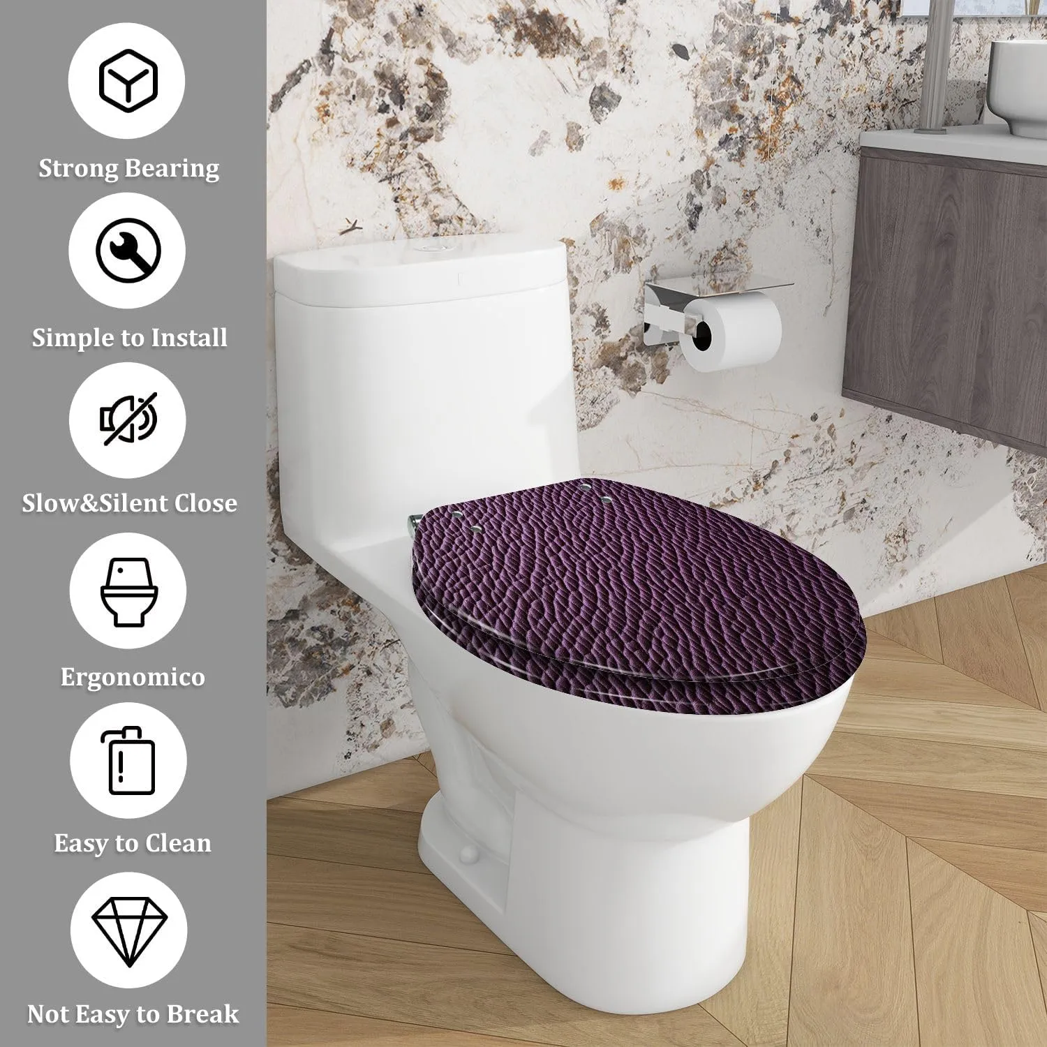 Elongated Toilet Seat Purple violet leather texture Purple violet leather bag Art Resin Toilet Seat with Cover Easy to Install Quietly Close Quick Release Hinges Decorative