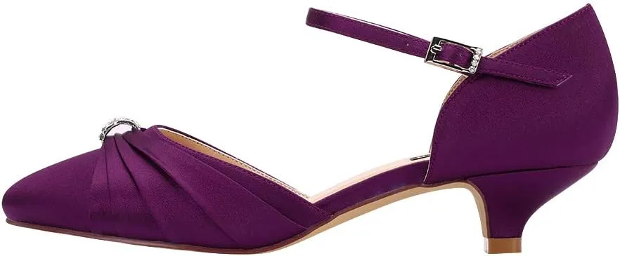ERIJUNOR Women Comfort Low Kitten Heel Buckle Ankle Strap Satin Bridal Wedding Shoes