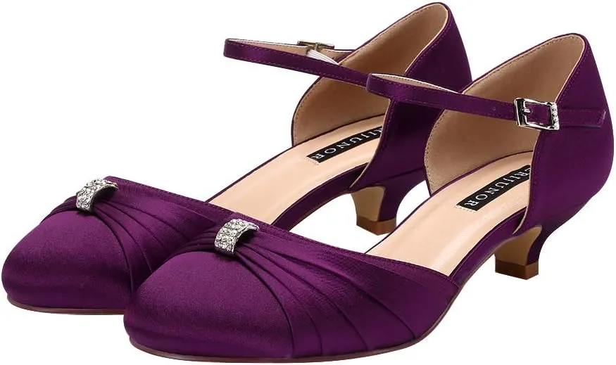 ERIJUNOR Women Comfort Low Kitten Heel Buckle Ankle Strap Satin Bridal Wedding Shoes