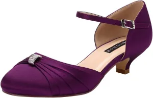 ERIJUNOR Women Comfort Low Kitten Heel Buckle Ankle Strap Satin Bridal Wedding Shoes