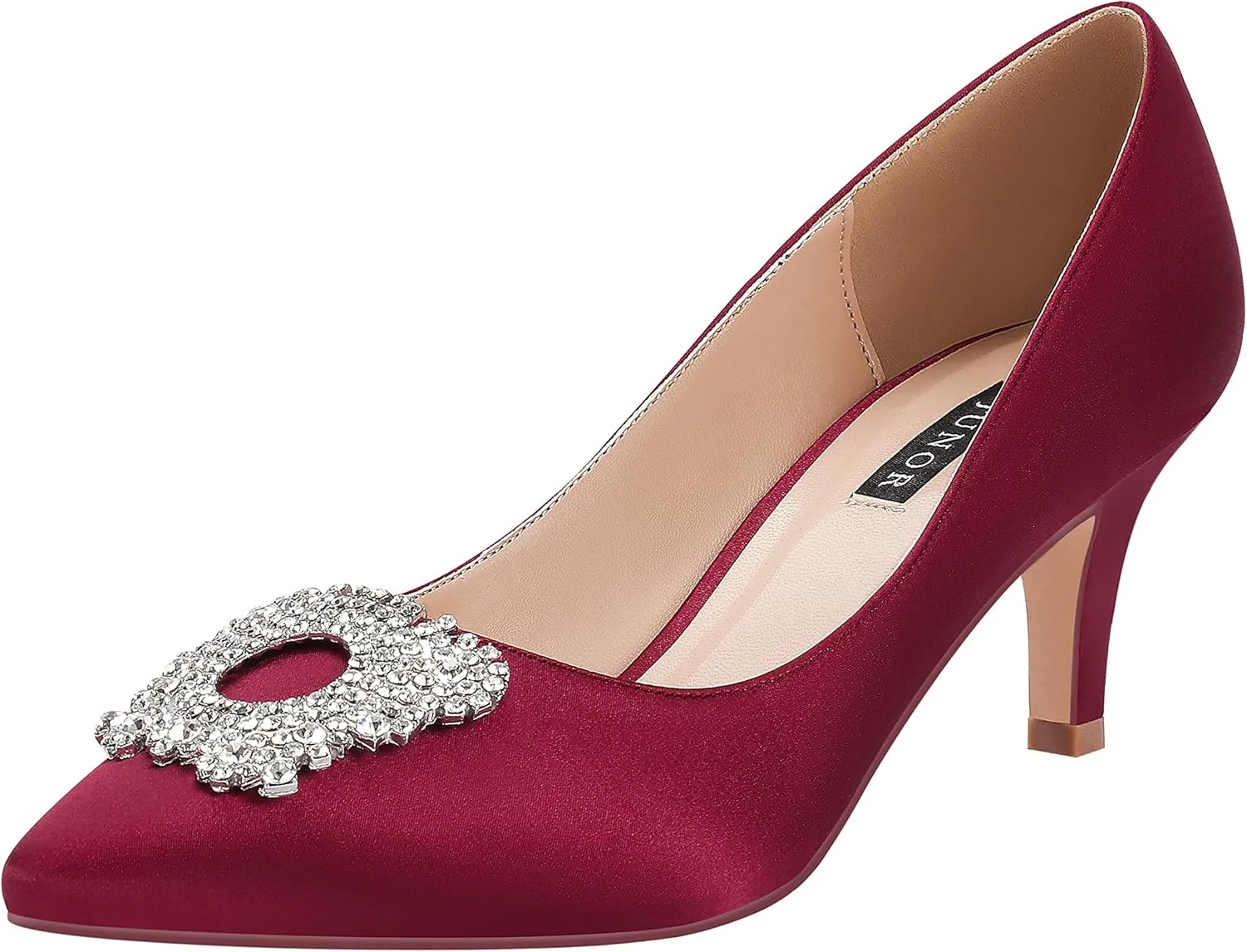 ERIJUNOR Women's Pumps Low Heel Rhinestone Brooch Satin Evening Dress Wedding Shoes