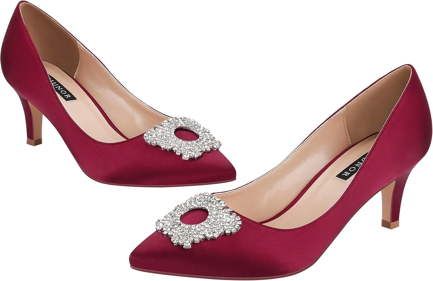 ERIJUNOR Women's Pumps Low Heel Rhinestone Brooch Satin Evening Dress Wedding Shoes