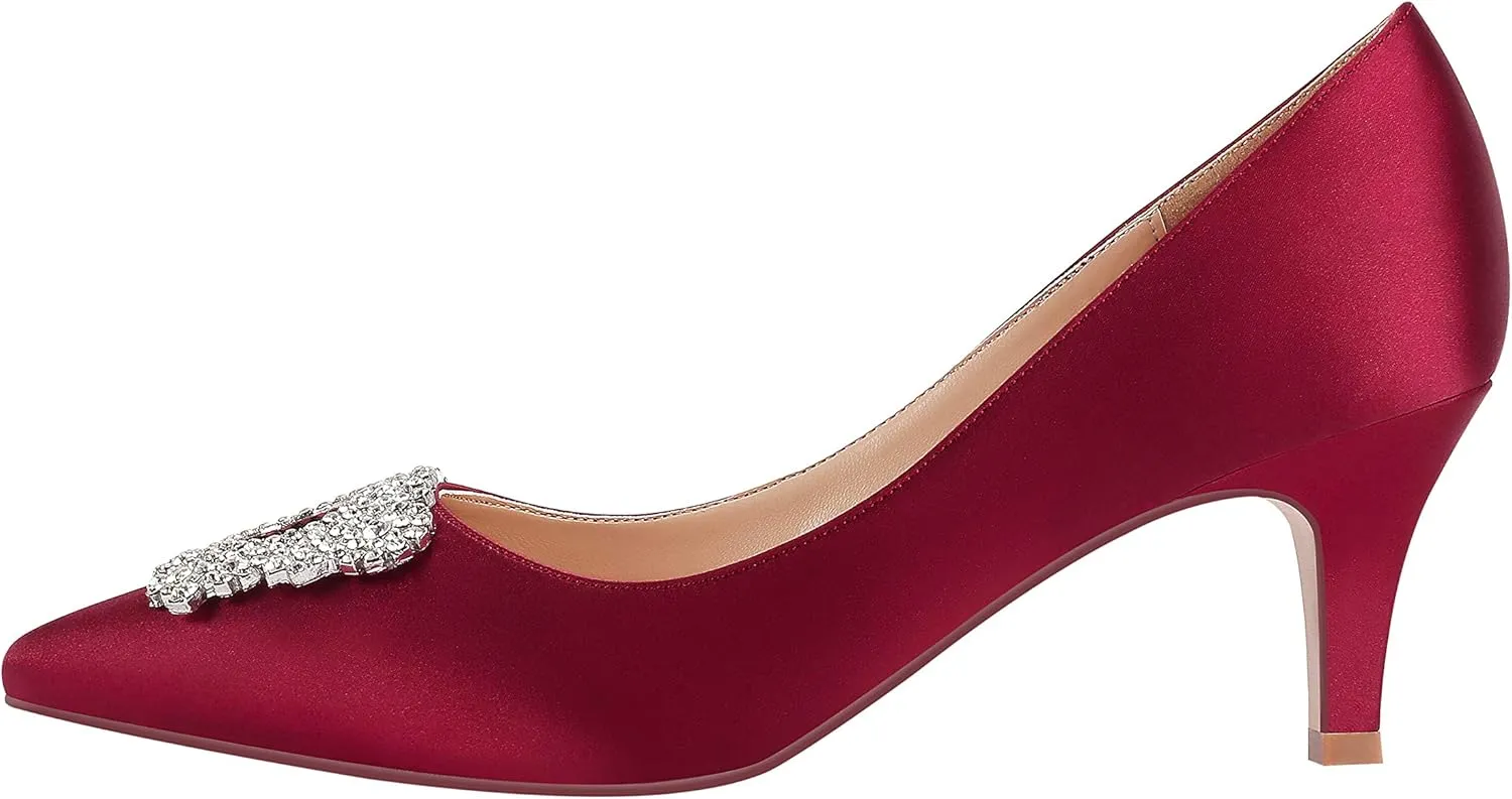 ERIJUNOR Women's Pumps Low Heel Rhinestone Brooch Satin Evening Dress Wedding Shoes