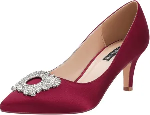 ERIJUNOR Women's Pumps Low Heel Rhinestone Brooch Satin Evening Dress Wedding Shoes