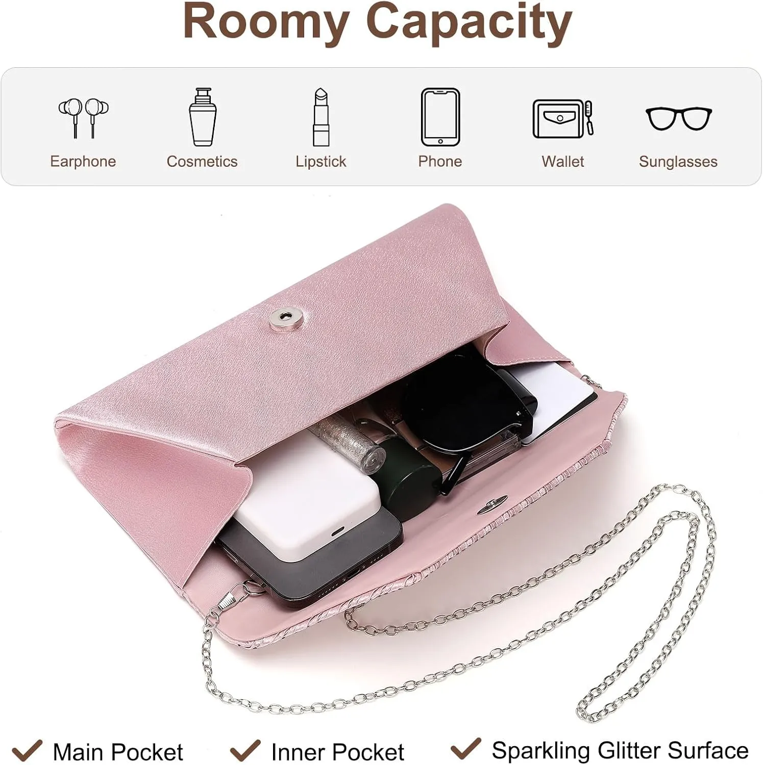 Evening Bags Clutch Purses for Women Formal, Purse Handbag Crossbody Bag Crystal Rhinestone with Chain Strap Shoulder Bag Sparkly for Wedding Guest Party Pink