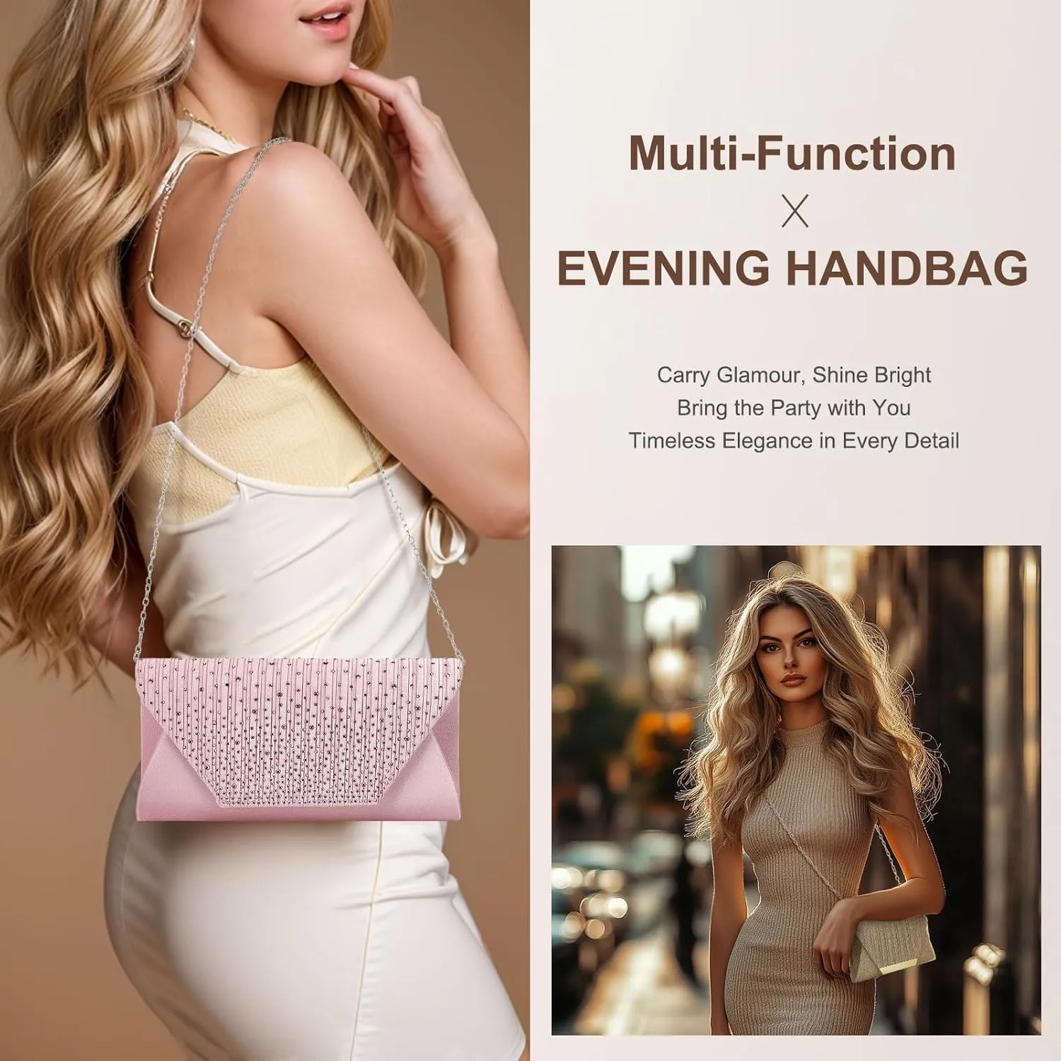 Evening Bags Clutch Purses for Women Formal, Purse Handbag Crossbody Bag Crystal Rhinestone with Chain Strap Shoulder Bag Sparkly for Wedding Guest Party Pink