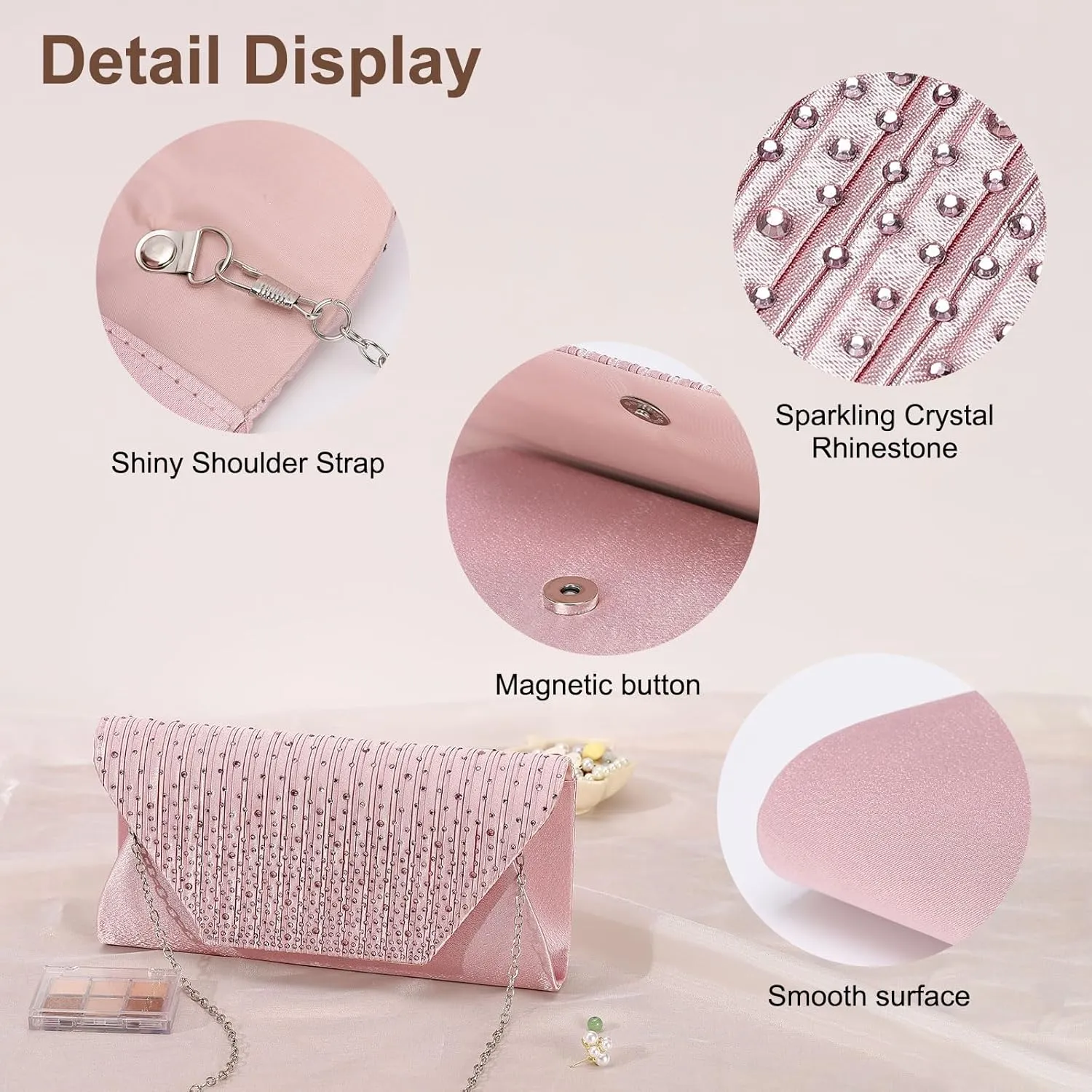 Evening Bags Clutch Purses for Women Formal, Purse Handbag Crossbody Bag Crystal Rhinestone with Chain Strap Shoulder Bag Sparkly for Wedding Guest Party Pink
