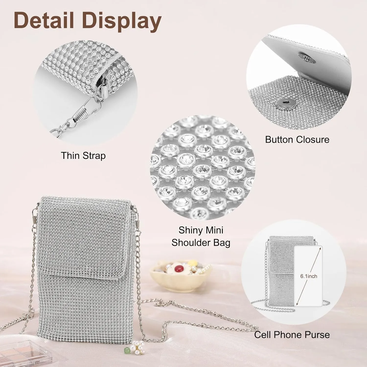 Evening Handbags Clutch Purses for Women, Crossbody Bag Crystal Rhinestone Purse Shoulder Bag Sparkly for Wedding Party Silver