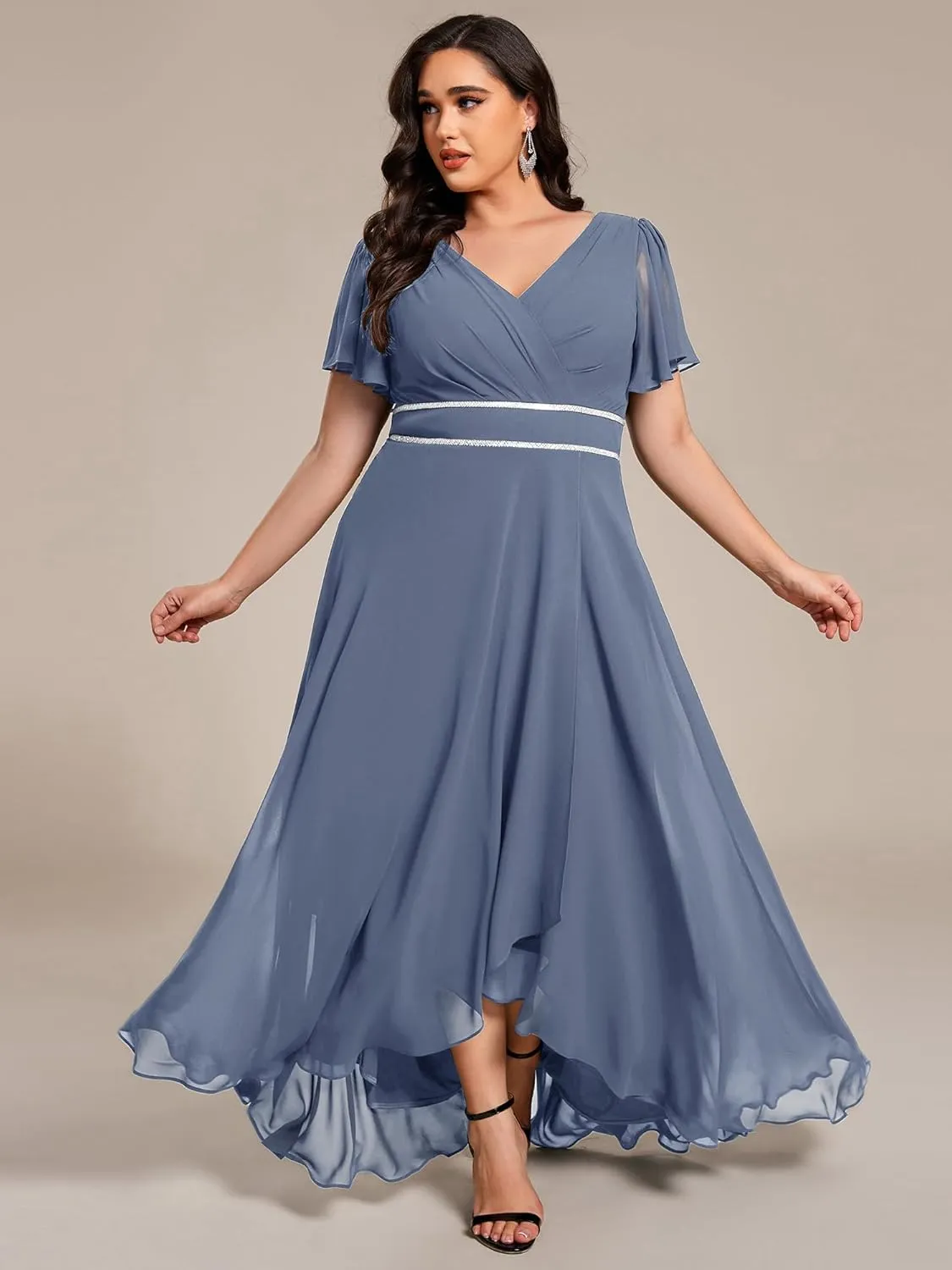 Ever-Pretty Plus Women's V-Neck Chiffon Beading Short Ruffles Sleeves Maxi Plus Size Formal Evening Dresses