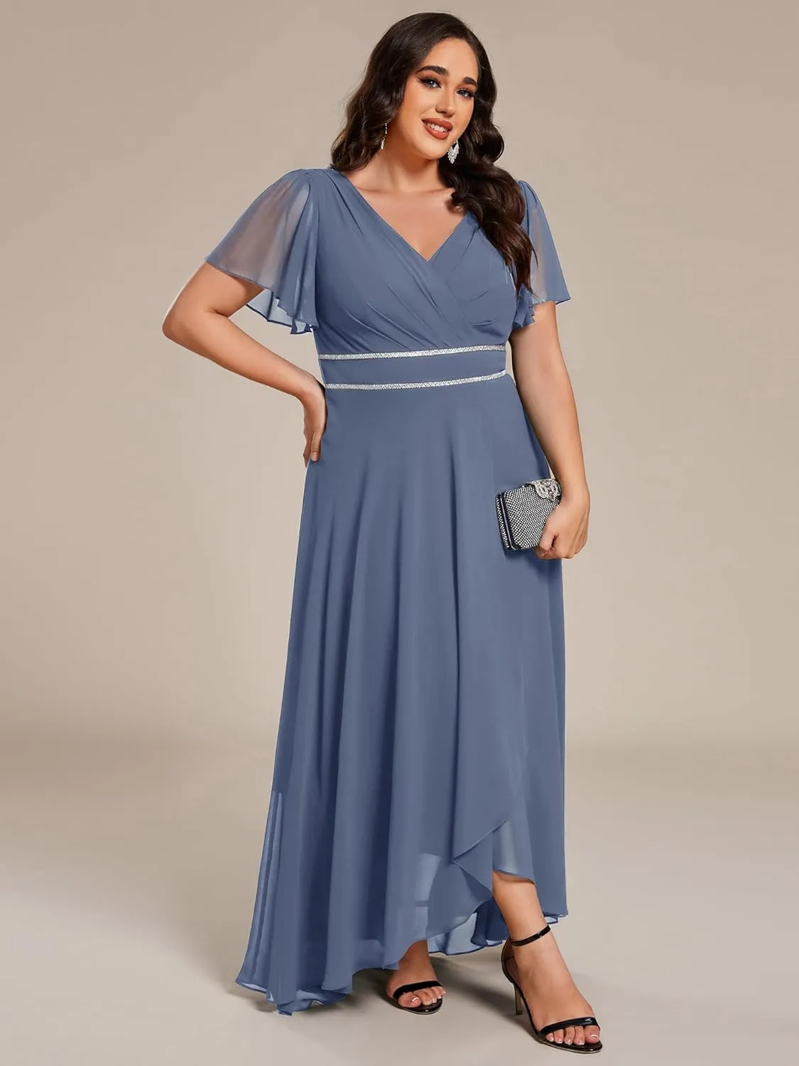 Ever-Pretty Plus Women's V-Neck Chiffon Beading Short Ruffles Sleeves Maxi Plus Size Formal Evening Dresses