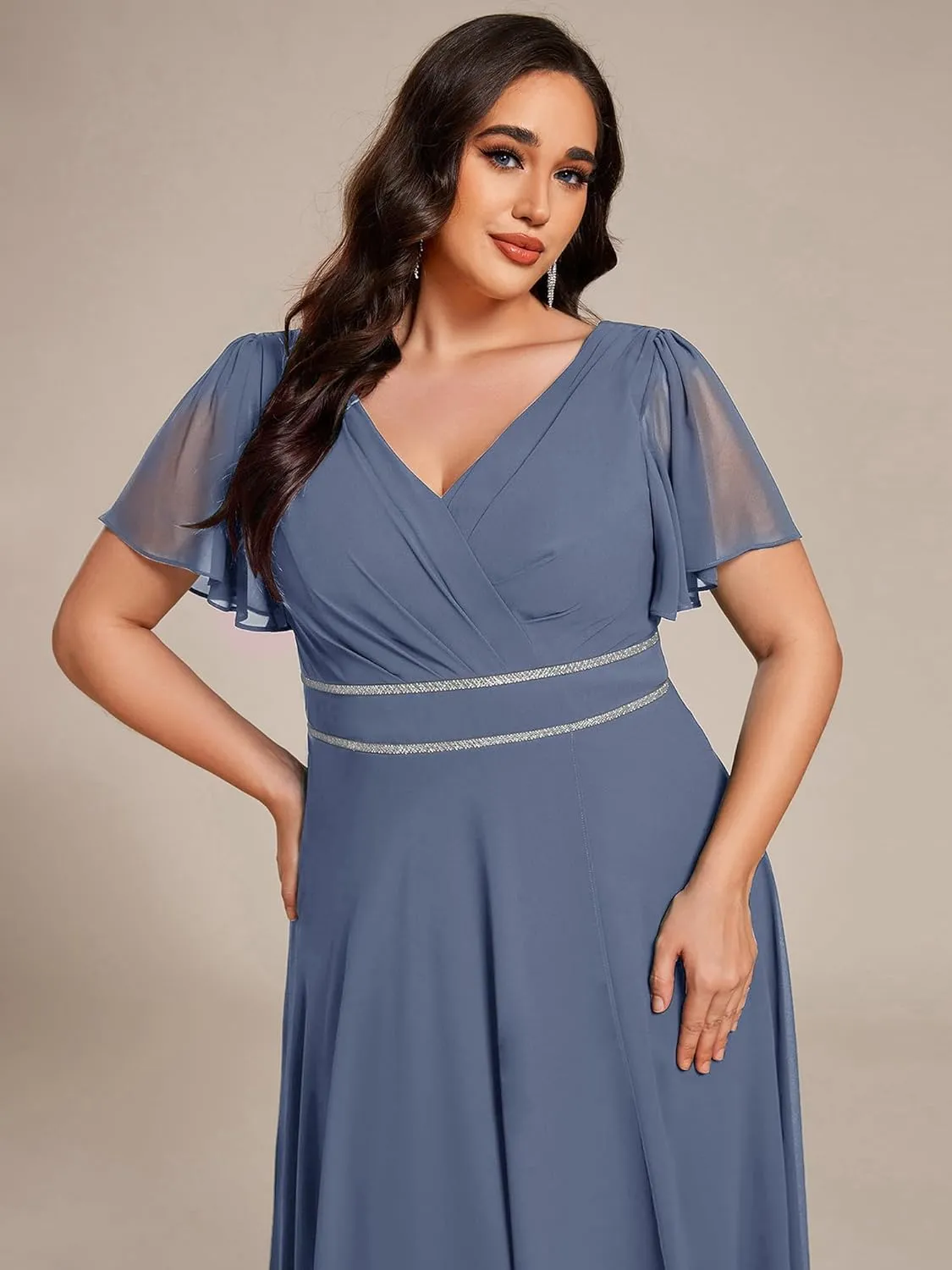 Ever-Pretty Plus Women's V-Neck Chiffon Beading Short Ruffles Sleeves Maxi Plus Size Formal Evening Dresses