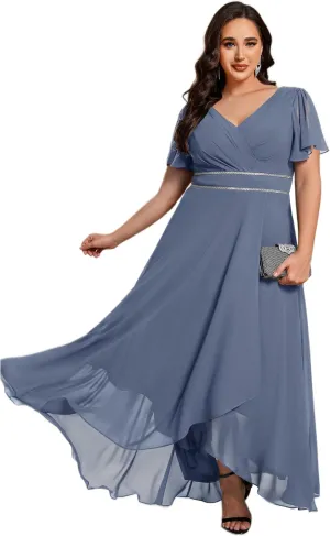 Ever-Pretty Plus Women's V-Neck Chiffon Beading Short Ruffles Sleeves Maxi Plus Size Formal Evening Dresses