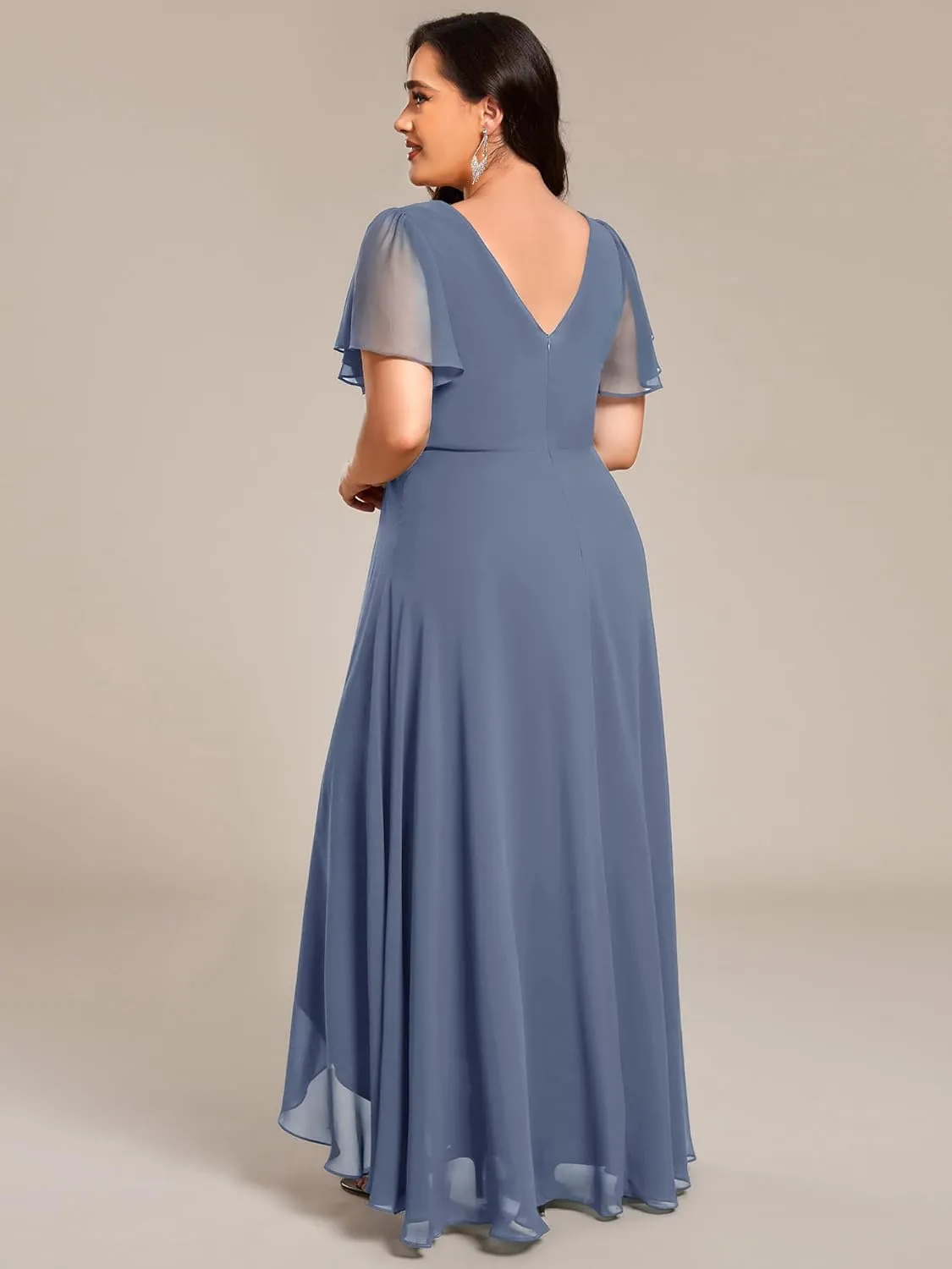 Ever-Pretty Plus Women's V-Neck Chiffon Beading Short Ruffles Sleeves Maxi Plus Size Formal Evening Dresses