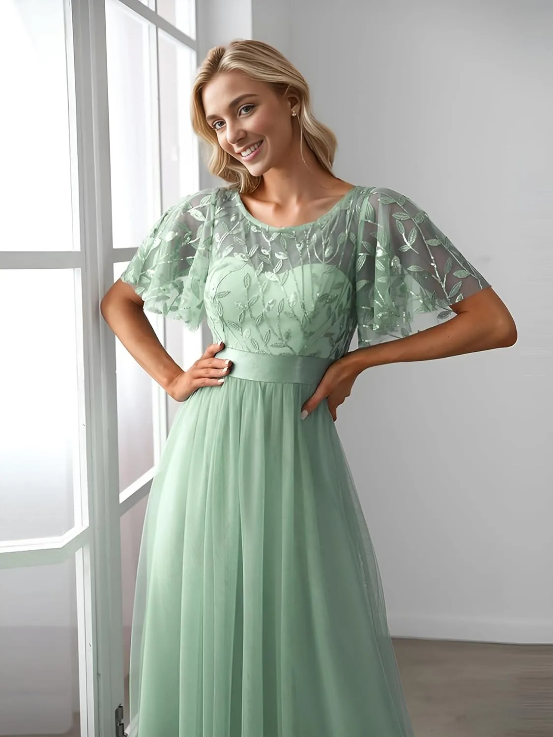 Ever-Pretty Women's Formal Dresses Crew Neck Sequin Ruffle Sleeve Empire Waist Beaded Long Evening Dresses 00904