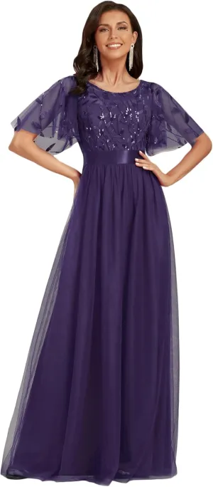 Ever-Pretty Women's Formal Dresses Crew Neck Sequin Ruffle Sleeve Empire Waist Beaded Long Evening Dresses 00904