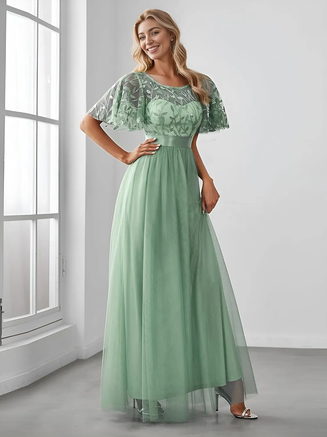 Ever-Pretty Women's Formal Dresses Crew Neck Sequin Ruffle Sleeve Empire Waist Beaded Long Evening Dresses 00904