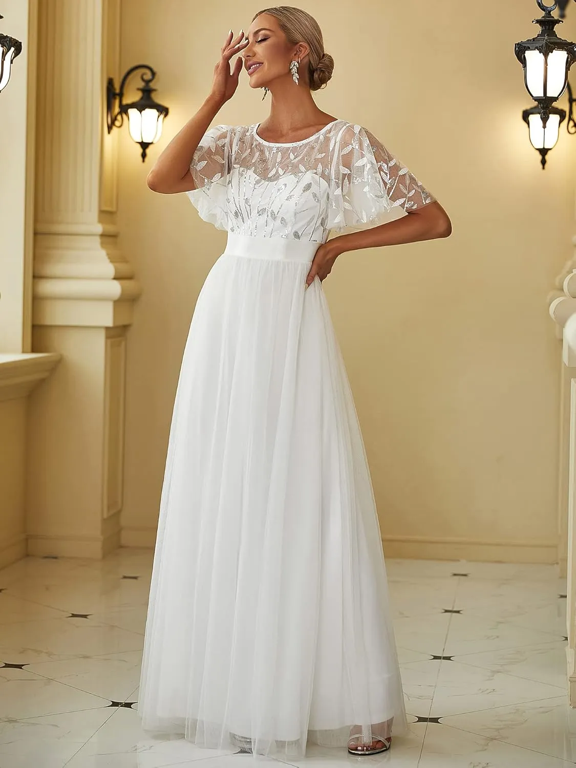 Ever-Pretty Women's Formal Dresses Crew Neck Sequin Ruffle Sleeve Empire Waist Beaded Long Evening Dresses 00904