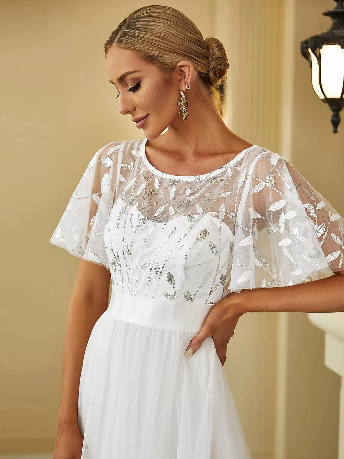 Ever-Pretty Women's Formal Dresses Crew Neck Sequin Ruffle Sleeve Empire Waist Beaded Long Evening Dresses 00904