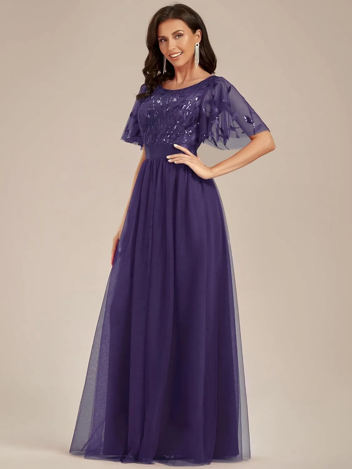 Ever-Pretty Women's Formal Dresses Crew Neck Sequin Ruffle Sleeve Empire Waist Beaded Long Evening Dresses 00904
